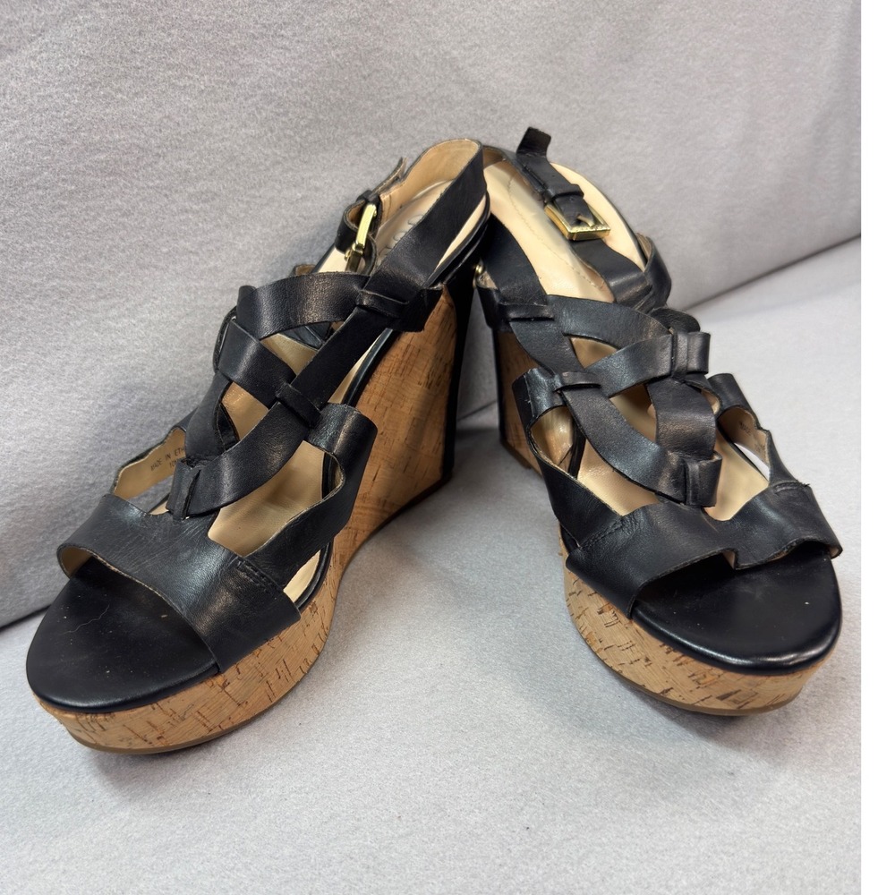 Boho Black Gold Guess Wedge Sandals Womens 10 Leather Cork Platform Strappy